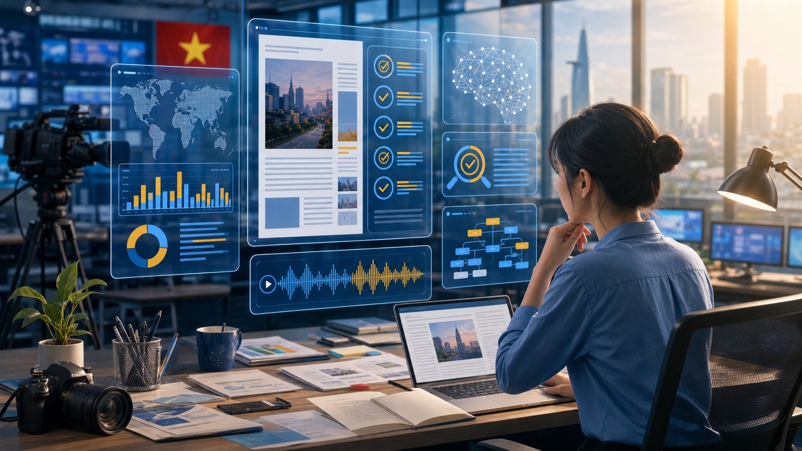 AI in journalism: a newsroom journalist verifies data with AI-supported editorial screens